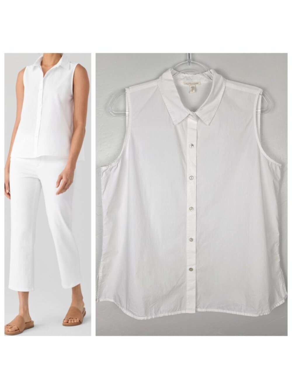 Eileen Fisher Organic Cotton Poplin Sleeveless Shirt Button Up White Size L